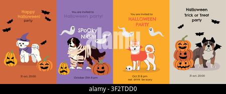 Set di biglietti di auguri per Halloween carini con adorabili cani dei cartoni animati in costumi spaventosi, zucche, fantasmi e decorazioni festive. Verticale creativo Illustrazione Vettoriale