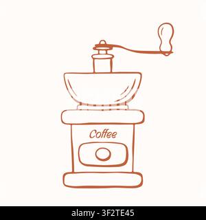 Icona antica di macina caffè in legno con manovella. Macina manuale vintage per macinare chicchi tostati. Schizzo semplice in stile arte lineare Illustrazione Vettoriale