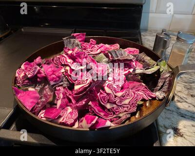 Prima piano di cavolo rosso colorato saltato in una padella di ferro su un fornello con spezie Foto Stock