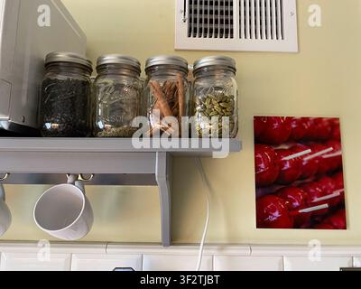 Spezie da cucina assortite in barattoli di vetro su scaffali rustici in un'atmosfera culinaria accogliente Foto Stock