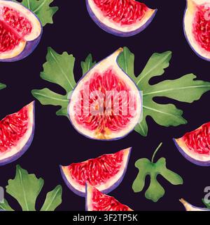 Pattern senza cuciture di fette di fico con polpa rossa e foglie. Illustrazione botanica con acquerelli e pennarelli. Sfondo di bacche tropicali. Disegnato a mano Foto Stock
