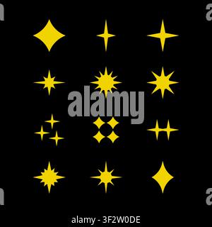 Simboli a stella appuntiti minimi isolati sullo sfondo. Icone geometriche a stella scintillante elementi di design vettoriali. Illustrazione Vettoriale