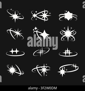 Set di stelle vettoriali futuristiche Y2K in bianco e nero. Il design geometrico astratto rétro risplende di un'estetica retrofuturistica. Illustrazione Vettoriale