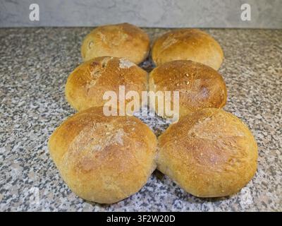 Foto e immagini di pane e panini tra cui pane di grano, segale, spelta e panini al sesamo, alcuni con elementi decorativi e campi di testo o spazio per il testo Foto Stock
