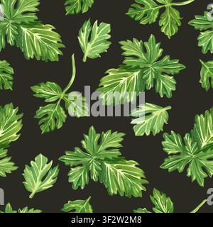 Modello senza cuciture ad acquerello con foglie di prezzemolo verde disegnate a mano su sfondo scuro. Illustrazione botanica di erbe culinarie per il design alimentare, tessile Foto Stock