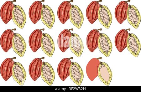 Illustrazioni senza cuciture di fave di cacao, set vettoriale pulito ideale per imballaggi, etichette e design del prodotto, illustrazione vettoriale di motivi di fave di cacao Illustrazione Vettoriale