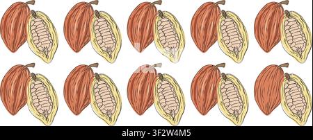 illustrazioni senza cuciture di fave di cacao, set vettoriale pulito ideale per packaging, etichette e design del prodotto, illustrazione vettoriale di un set di fette di fave di cacao Illustrazione Vettoriale