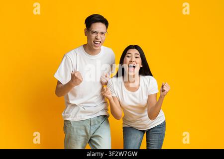 I partner asiatici si rallegrano del successo, stringono pugni ed esclamano Foto Stock