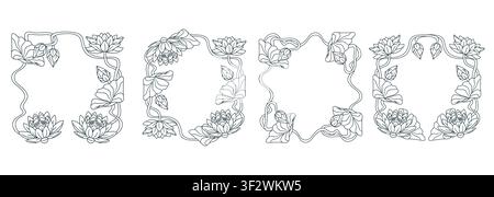 Cornici per fiori di loto monocromatiche disegnate a mano in stile art nouveau vintage, illustrazione vettoriale Illustrazione Vettoriale