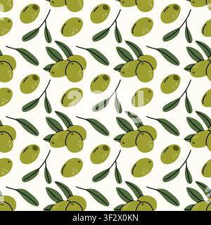Modello senza cuciture pulito con rami di ulivo verdi disegnati a mano con foglie e olive mature su sfondo bianco. Perfetto per tessuti, carta da parati, wr Illustrazione Vettoriale