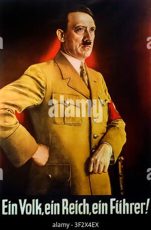 Poster di propaganda nazista vintage tedesco della Seconda Guerra Mondiale che mostra Adolf Hitler in uniforme militare marrone e con bracciale rosso con svastica nazista Foto Stock