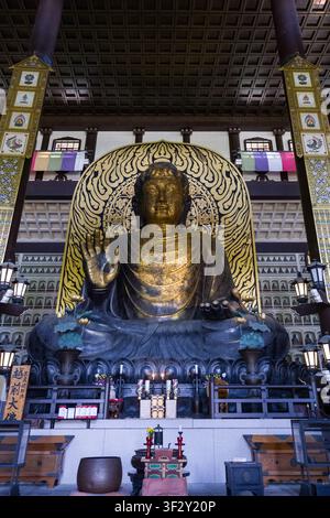 Situato nel tempio Daishiyama Seidai, l’Echizen Daibutsu è una statua monumentale in bronzo di Buddha. Questa figura imponente si trova nella sala principale a Foto Stock