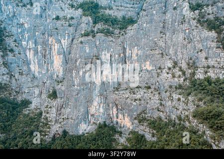 Imponente parete rocciosa di montagna che rivela una geologia stratificata della pietra e una vegetazione boschiva verde alla base Foto Stock