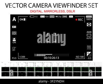 Schermo di messa a fuoco della fotocamera 39 in confezione da 1 - digitale, senza specchio, DSLR, fotocamera per telefono. Registrazione della fotocamera con mirino bianco, nero e verde. Pronto per 4K dettagliato te Illustrazione Vettoriale