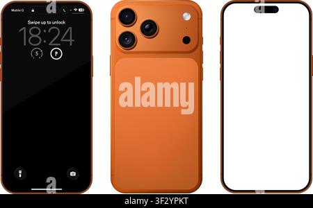 Mockup dettagliato di telefono cellulare arancione. Vista frontale e posteriore isolata su sfondo trasparente. PNG vettoriale Illustrazione Vettoriale
