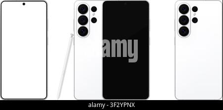 Mockup dettagliato di telefono cellulare bianco con stilo. Vista anteriore e posteriore isolata su sfondo trasparente. PNG vettoriale Illustrazione Vettoriale