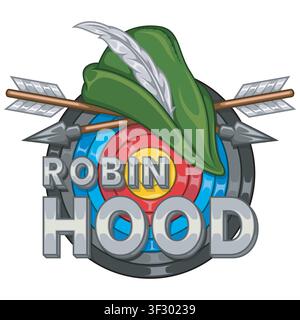 Un'illustrazione dettagliata e vivace che mostra una freccia che colpisce il bersaglio accompagnata dal cappello iconico di Robin Hood con piuma in colori naturali. Illustrazione Vettoriale