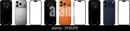 Modello fotorealistico dettagliato dell'Apple iPhone 17 Pro: Arancione cosmico, Blu profondo, Argento. Vista frontale e posteriore isolata su sfondo trasparente Illustrazione Vettoriale