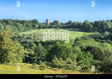 Vista di Farthing Downs, parte della riserva naturale nazionale dei South London Downs, verso Netherne on the Hill, torre d'acqua vittoriana. Confine tra Surrey e Croydon Foto Stock