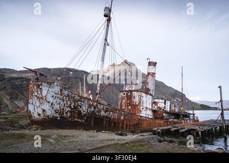 Nave baleniera abbandonata alla stazione baleniera di Guridviken nelle Isole Georgia del Sud Foto Stock