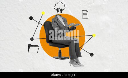 Collezione di arte contemporanea con una donna senza testa in abito con tecnologia cloud, icone di dati e connessioni di rete. Concetti di trasformazione digitale Foto Stock