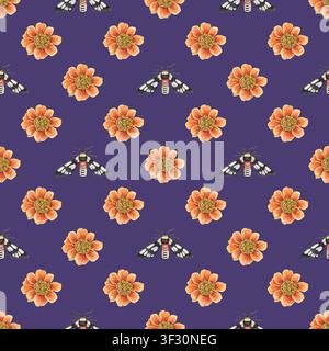 Farfalla Sphinx con fiori di calendula in motivo a scacchiera senza cuciture su sfondo viola. Fiore di arancio acquerellato disegnato a mano e insetto volante. Design botanico estivo per stoffa o carta da parati. Foto Stock