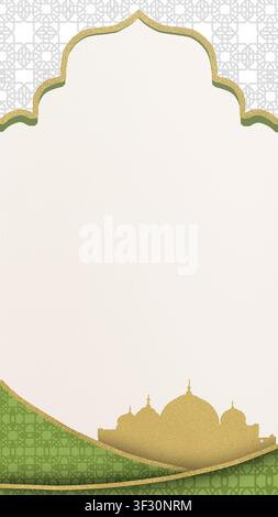 Sfondo verticale elegante per feste islamiche come il Ramadan o l'Eid. Presenta una silhouette dorata di moschea, motivi geometrici verdi e un testo grande Foto Stock