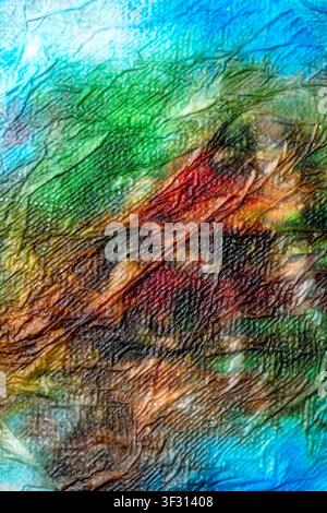 Un macro vivace di una superficie accartocciata e multicolore con sfumature di verde, blu e marrone. Le texture profonde e le pieghe intricate creano una u Foto Stock