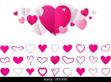 Grande set di cuori rosa. Icone del giorno dell'8 marzo. Segni a cuore isolati su sfondo trasparente. Adesivi concetto amore. Cuori e sorrisi disegnati a mano stile doodle Illustrazione Vettoriale