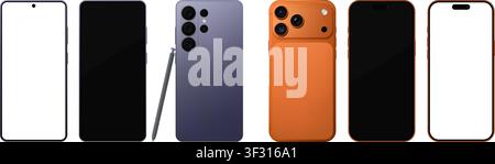 Pacchetto di mockup di telefono cellulare dettagliato viola e arancione con stilo. Vista frontale e posteriore isolata su sfondo trasparente. PNG vettoriale Illustrazione Vettoriale