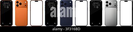 Pacchetto di modelli di telefono cellulare arancione, blu e argento dettagliato. Vista frontale e posteriore isolata su sfondo trasparente. PNG vettoriale Illustrazione Vettoriale
