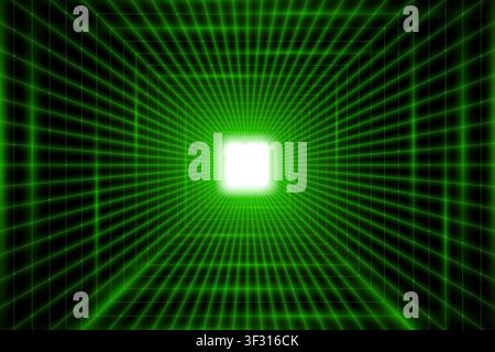Portale digitale verde realistico verso la realtà virtuale. Portale luminoso quadrato di fantascienza. Concetto di tunnel di dati AI. Tunnel di vermi a linea 3D. Illustrazione vettoriale Illustrazione Vettoriale
