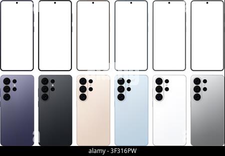 Pacchetto di mockup di telefoni mobili dettagliati. Vista frontale e posteriore isolata su sfondo trasparente. PNG vettoriale Illustrazione Vettoriale