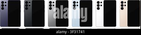 Telefoni mobili dettagliati con confezione di mockup di stilo. Vista frontale e posteriore isolata su sfondo trasparente. PNG vettoriale Illustrazione Vettoriale