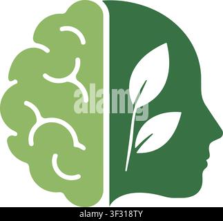 Profilo della testa umana Eco Brain con foglie verdi e icona del concetto di sostenibilità della salute mentale Illustrazione Vettoriale