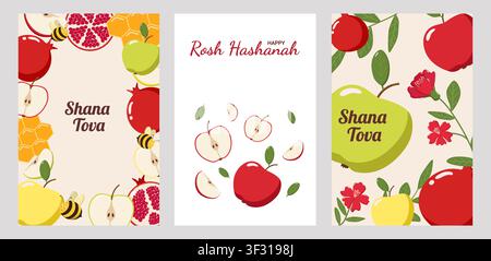 Tre biglietti di auguri Rosh Hashanah con mele, melagrane, favi, api e fiori, con Shana Tova Illustrazione Vettoriale