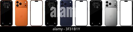 Modello fotorealistico dettagliato della linea Apple iPhone 17 Pro Max: Arancione cosmico, Blu profondo, Argento. Vista frontale e posteriore isolata su sfondo trasparente Illustrazione Vettoriale