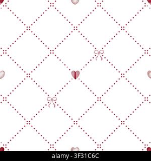 Modello senza cuciture con griglia diagonale a punti rossi e piccoli cuori. Ornamento ripetuto in stile retrò coquette con fiocco per San Valentino. Disegnato a mano Foto Stock