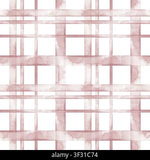 Illustrazione acquerellata disegnata a mano con un motivo senza cuciture di nastri rosa che creano una griglia quadrata su uno sfondo bianco. Ornamento ripetuto in Foto Stock