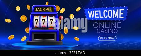 Slot machine da casinò online con monete d'oro e testo jackpot. Banner di gioco d'azzardo. Illustrazione vettoriale. Illustrazione Vettoriale