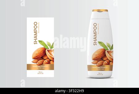 Progettazione dell'etichetta dello shampoo alle mandorle, Modello di confezione dello shampoo, Progettazione della confezione, Etichetta minimalista, Progettazione della confezione del prodotto, Set di progettazione di packaging cosmetico Illustrazione Vettoriale