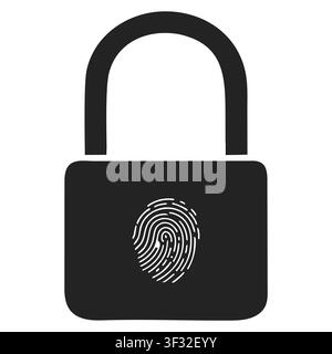 Icona moderna di serratura a impronta digitale nera su un lucchetto che simboleggia accesso sicuro e autenticazione biometrica. Illustrazione Vettoriale