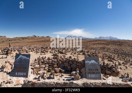 Segni in pietra che indicano il Volcan Ampato e il Volcan Sabancaya tra cumuli di pietre al Mirador de los Andes a Patapampa, Perù Foto Stock
