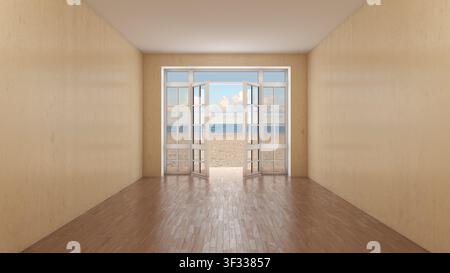 Stanza interna vuota con porte francesi aperte che si affacciano su una spiaggia di sabbia e l'oceano. Pavimento in legno, luce naturale e vista sulla costa Foto Stock