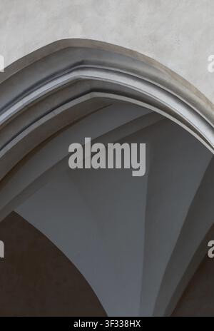 Vista interna astratta e minimale di un'arco di cattedrale in pietra gotica storica e di un soffitto a volta con ombre morbide e linee geometriche. Foto Stock
