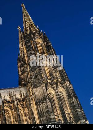 Cattedrale di Colonia illuminata nell'ora blu, vista dal basso contro un profondo cielo blu della sera a Colonia, Germania. Foto Stock
