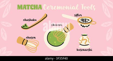 Strumenti per la cerimonia del tè verde matcha, infografiche vettoriali per il design del menu del caffè Illustrazione Vettoriale