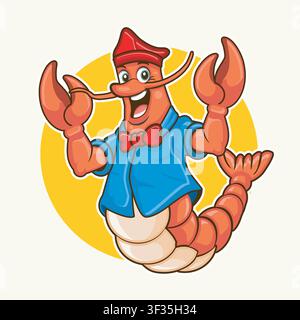 Personaggio mascotte a forma di aragosta in cartone animato divertente che tiene una lavagna del menu, design di branding carino per ristorante di frutti di mare, illustrazione di mascotte culinaria per menu, promozione alimentare Illustrazione Vettoriale