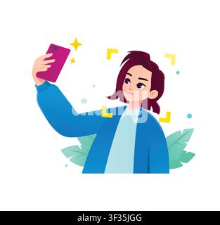 Illustrazione vettoriale piatta di una donna che utilizza il riconoscimento facciale su uno smartphone. Concetto di sicurezza mobile biometrica, Face ID e protezione dei dati. Grea Illustrazione Vettoriale