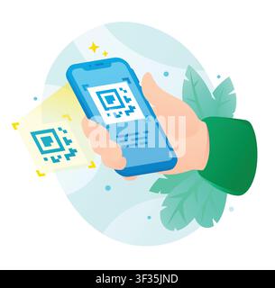 Mano che tiene uno smartphone che scansiona un codice QR per il pagamento mobile, illustrazione vettoriale. Transazione digitale, acquisto senza contatto e banca senza contanti con Illustrazione Vettoriale